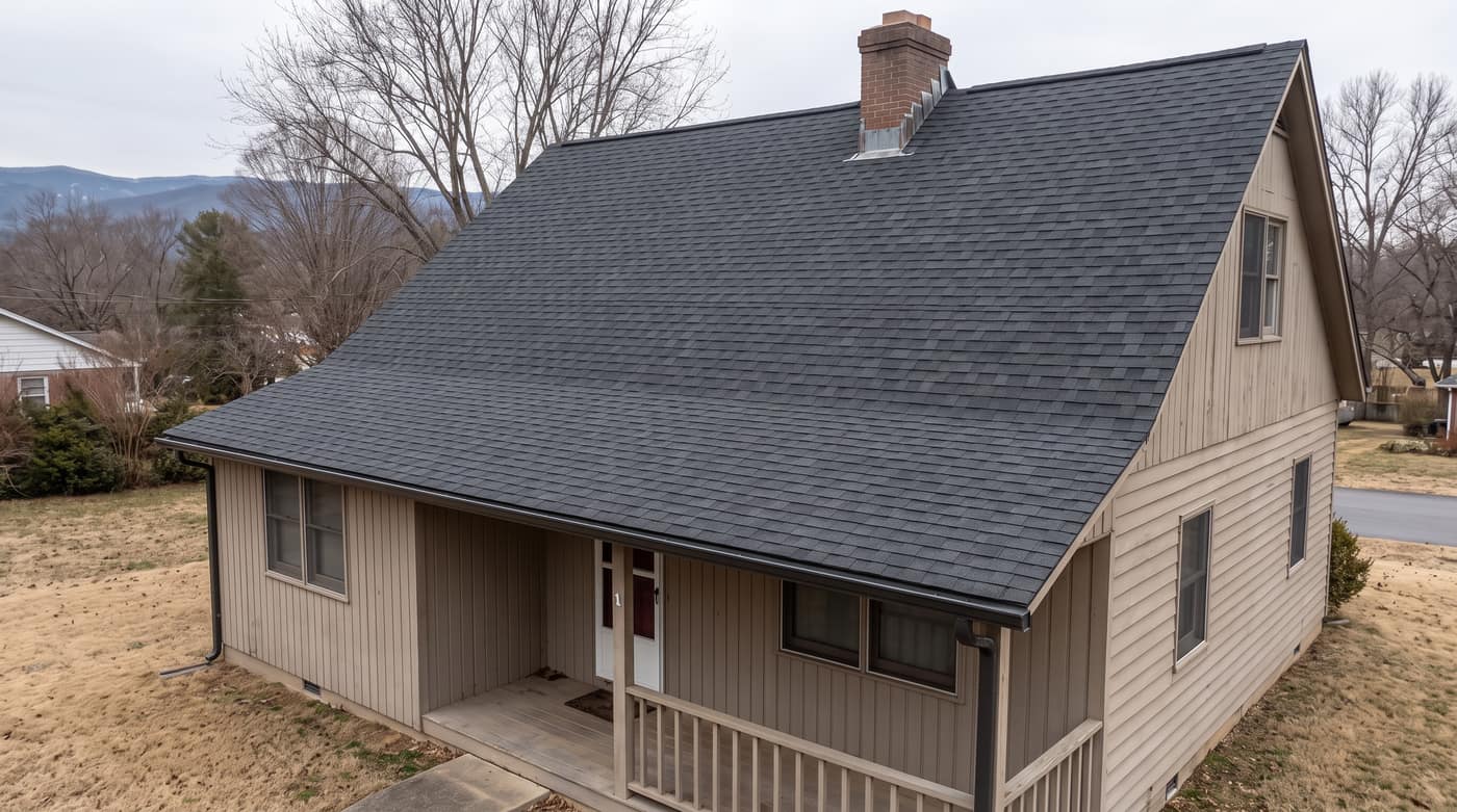 The same home after replacement with a new architectural asphalt shingle roof and new gutter