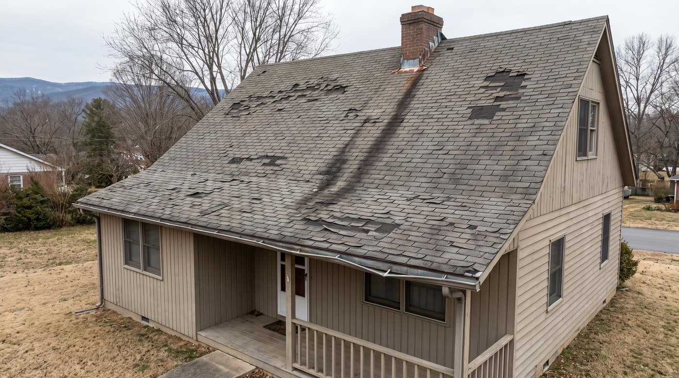 Storm-damaged roof before replacement: missing shingles, curling courses and a sagging gutter